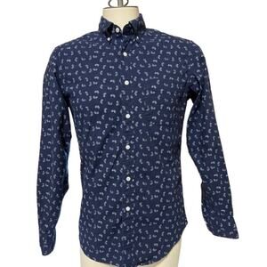 J. Crew Mercantile Men's HTHR Tossed branch Navy Button Down Shirt Size Small